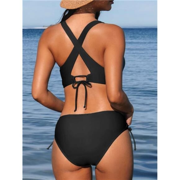 Women Bikini Black Two Piece Swimsuit V Neck Triangle Top Wide‎ Strap Cross Back - Picture 2 of 6